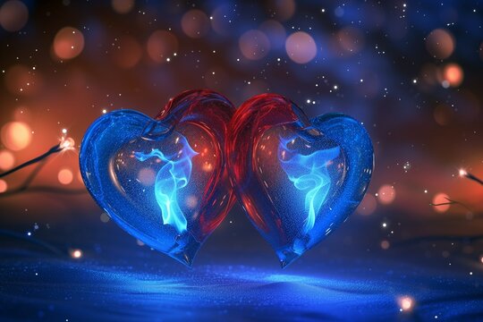 A blue and red heart, with flames dancing around each color, set against a blurred background of a starry night