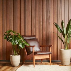 Lounge chair near wood paneling wall between potted houseplants. Mid-century home interior design of modern living room. Created with generative AI