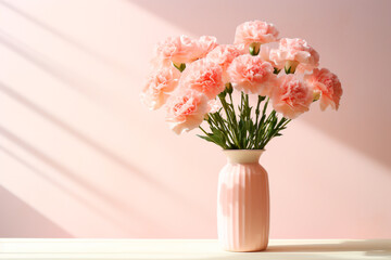 Bouquet of pink carnations in a vase near the window on a pink background, copy space
