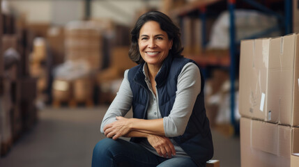 middle-aged woman with short hair, wearing a vest over a long-sleeved shirt and jeans, sitting in a warehouse setting with arms crossed and a smile