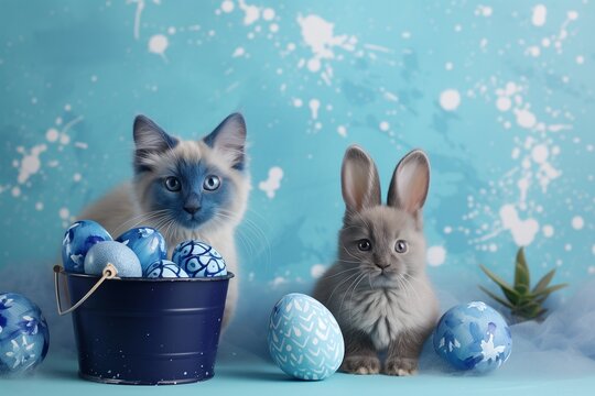 A blue Russian cat and a lop-eared bunny with a bucket of blue and white patterned eggs, surrounded by navy and sky blue paint splashes on a serene blue background.