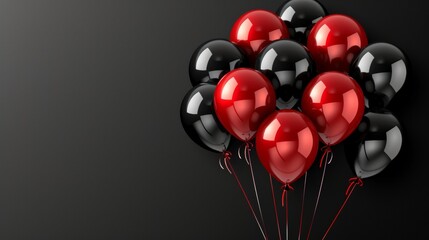 Black friday sale ad with red and black balloons on dark background, text space, shopping concept.