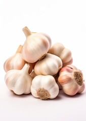 Fresh garlic on a wooden table on a white background. Generative AI.