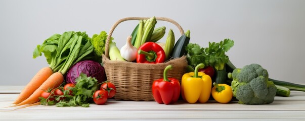 A basket full of fresh vegetables on a white background. Generative AI.