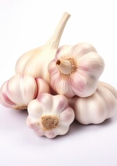 Fresh garlic on a wooden table on a white background. Generative AI.