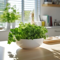 Fototapeta premium Fresh parsley in a bowl on the table in a modern kitchen. Generative AI.