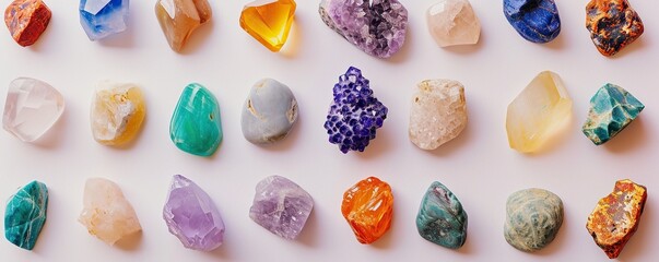 Background of various colorful abstract stones in a white background.
