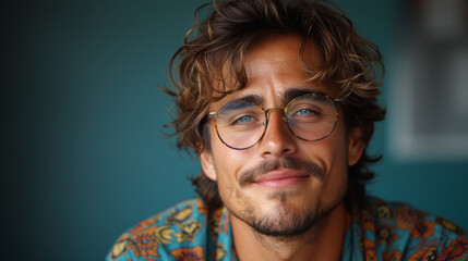 Fototapeta na wymiar Smiling Young Man with Eyeglasses Posing on Turquoise Background