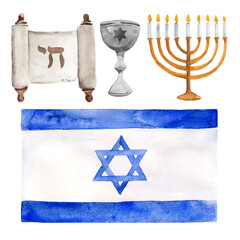 The flag of Israel and Jewish religious elements set. Watercolor illustration with goblet, state flag and candelabrum.
- 738903769