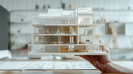 holographic projection of a modern house architecture model being displayed above a person's open hand.