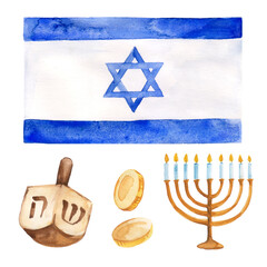 The flag of Israel and Jewish religious elements set. Watercolor illustration with dreidel, state flag, coins and candelabrum. - 738903778