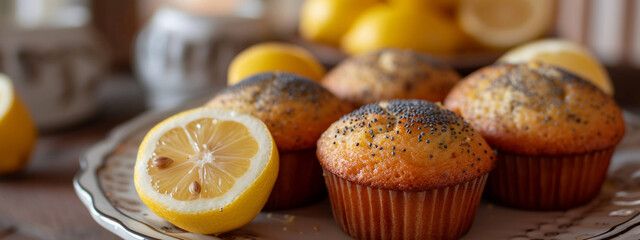 delicious cupcakes with lemon close-up on the kitchen table - obrazy, fototapety, plakaty