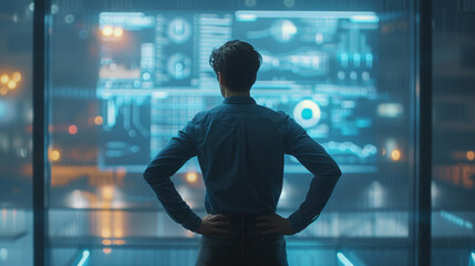 The photo captures a person from behind looking at a complex array of digital screens with various data and graphs in a high-tech control room environment.
