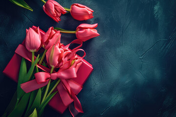 Festive Charm: Red Gift Box and Tulips for Special Occasions
