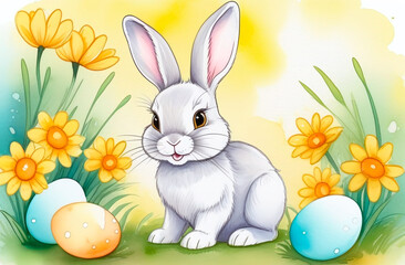 Easter bunny with eggs watercolor illustration. Yellow flowers, rabbit, eggs, on a watercolor background. For printing on a postcard, printing house, packaging.