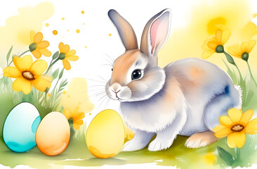 Easter bunny with eggs watercolor illustration. Yellow flowers, rabbit, eggs, on a watercolor background. For printing on a postcard, printing house, packaging.
