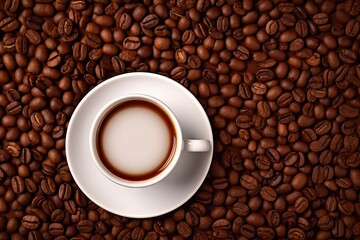 Fototapeta premium Coffee Cup and Coffee Beans, Espresso Coffeecup on Brown Coffe Grains Background, White Coffee Mug
