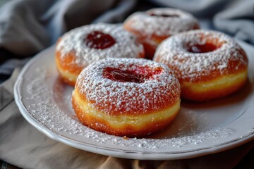 Obraz na płótnie Canvas Donut berliner on white plate, Sufgania with powdered shugar and jam