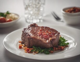 Fototapeta premium Delicious Steak with Vegetables and Herbs on White Plate 