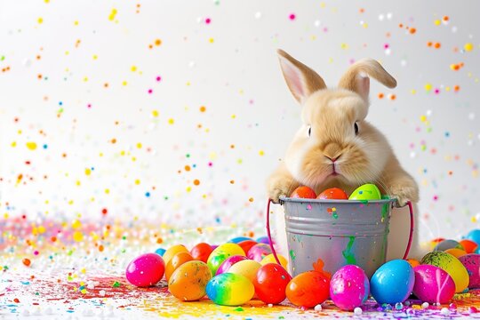A chubby, cream-colored bunny with a bucket of rainbow-hued Easter eggs, surrounded by vibrant, multicolored paint splashes on a pristine white background.