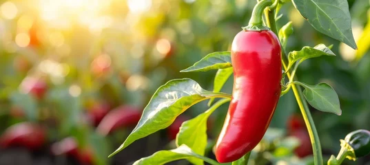 Crédence de cuisine en verre imprimé Piments forts Ripe red chili pepper growing on bush in greenhouse, organic agriculture concept with copy space