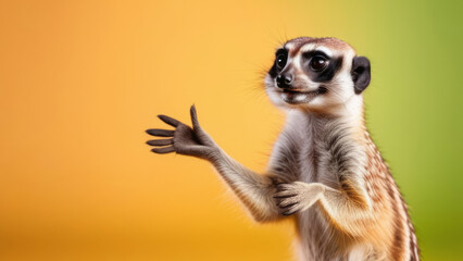 Friendly Surikat stretching his paw and shows a palm with up gesture on yellow background.