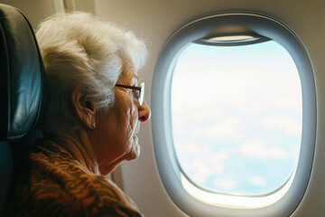 Adventurous Senior Lady on Flight, Looking Out Window
 - obrazy, fototapety, plakaty