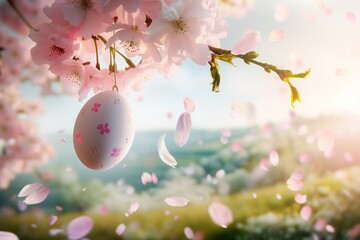 A delicate Easter egg hanging from a blooming cherry blossom branch, with soft pink petals gently falling around it. The background is a dreamy, blurred landscape of a spring garden.