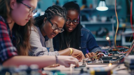 Young engineering students collaborate on an electronics project in a technology lab, soldering circuit boards and sharing ideas. AIG41