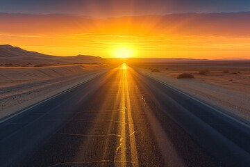 Fototapeta na wymiar A deserted highway stretching towards a mesmerizing sunset in a barren desert, with the sun setting behind distant sand dunes. 