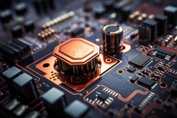 Close-up of a high-capacity capacitor on a circuit board, surrounded by other electronic components, against a blurred industrial background