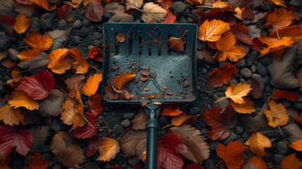 Raking autumn leaves in the garden with a rake