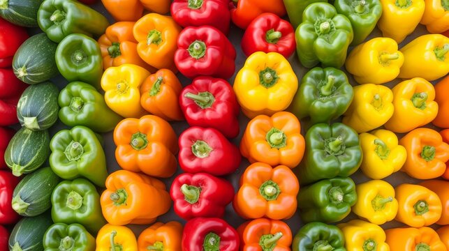 Vibrant green, red, and yellow bell peppers background with vegetables as backdrop