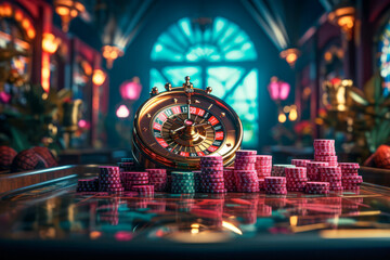 Casino Roulette Table with Spectators in Neon Light