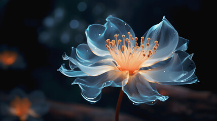a beautiful blue and orange flower on a dark background