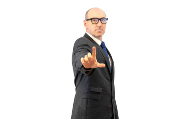 man  with index finger in front of him isolated on background