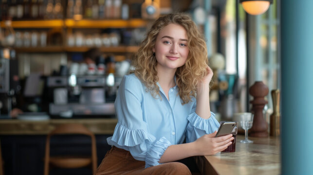 A young woman with curly hair smiling at the camera, holding a smartphone in a café.