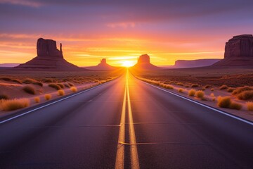 A deserted highway towards a vibrant sunrise, with the sun's first light reflecting off scattered desert rocks. The early morning lighting is clear and sharp, enhancing the stark beauty of the desert.