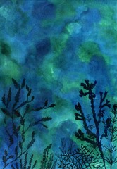 watercolor sea bottom with silhouettes of marine plants