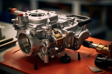 Close-up view of a meticulously crafted throttle body, an integral part of the engine, resting against a backdrop of blueprints and mechanical tools - obrazy, fototapety, plakaty