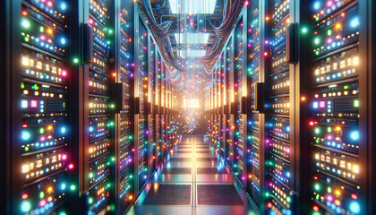 Vibrant, Magical Data Center: Hyper-realistic server racks with colorful LED lights and ethereal background elements.