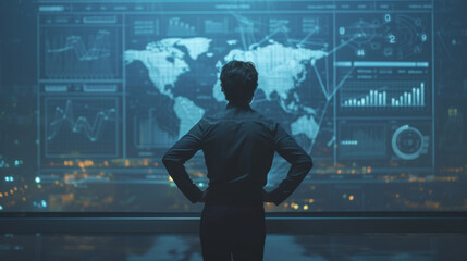 The photo captures a person from behind looking at a complex array of digital screens with various data and graphs in a high-tech control room environment.