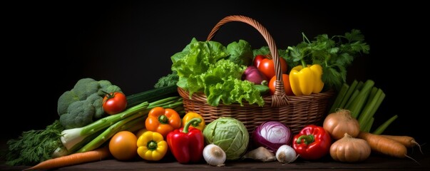 A basket full of fresh vegetables on a black background. Generative AI.
