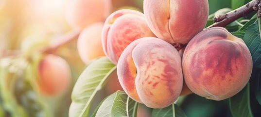 Ripe organic peaches on a tree in a greenhouse, illustrating healthy fruits and sustainability.