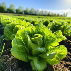 Fresh lettuce on the field. Growing vegetables. Generative AI.
