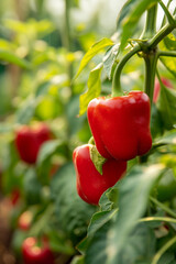 red ripe juicy pepper growing in the garden