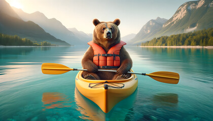 Bear kayaking on a pristine lake with mountain views - obrazy, fototapety, plakaty