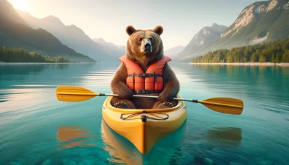 Foto op Canvas Bear kayaking on a pristine lake with mountain views © Sabine