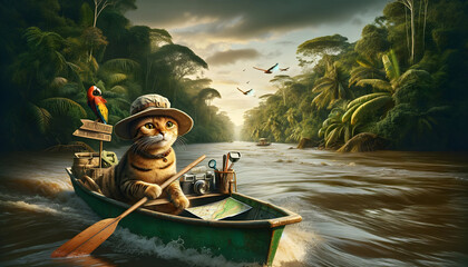 Cat adventuring in a canoe through the Amazon - obrazy, fototapety, plakaty