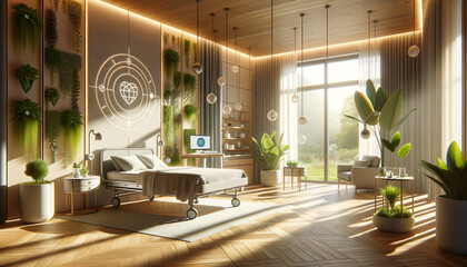 Tranquil IoT Healthcare Setting with Smart Hospital Bed, Plants, and Robot Assistant.
